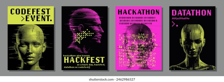 Set of neon pink and yellow 8-bit posters with pixel art illustrations of glitched 3D human heads. Covers for hackathon (also known as a hack day, hackfest, datathon or codefest) event.