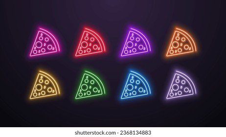 Un conjunto de íconos de pizza de neón rebanado en colores, azul, naranja, amarillo, verde, rojo, morado, rosa y blanco sobre un fondo oscuro.