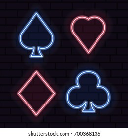 Set of Neon playing card symbols. Light banners. Bright emblems. Realistic playing cards symbols. Template.
