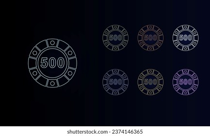 A set of neon poker chip symbols. Set of different color symbols, faint neon glow. Vector illustration on black background