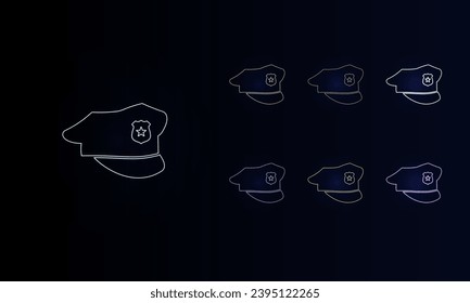 A set of neon police cap symbols. Set of different color symbols, faint neon glow. Vector illustration on black background