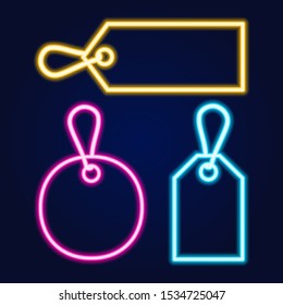 Set of neon price tags with different colors and forms. Set of glowing realistic neon price tags of different colors isolated on blue background