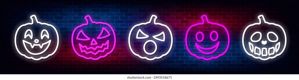 Set neon pumpkin Halloween on dark background. Pumpkin neon sign, bright signboard, light banner.  Vector illustration.