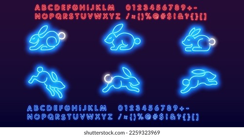 Set of neon rabbits, hares and carrots. For holiday decoration, shop windows and banners for Christmas.