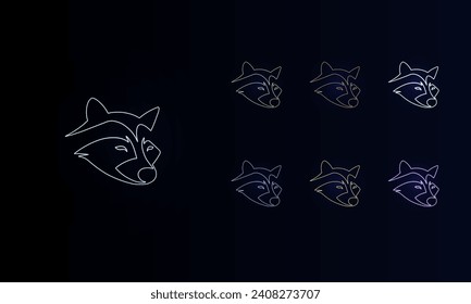 A set of neon raccoon head symbols. Set of different color symbols, faint neon glow. Vector illustration on black background