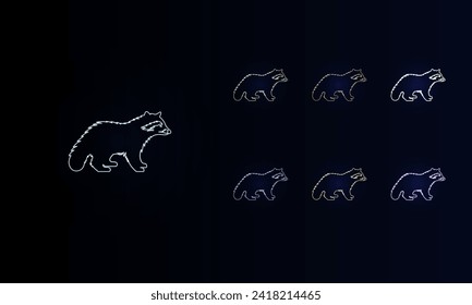 A set of neon raccoon symbols. Set of different color symbols, faint neon glow. Vector illustration on black background