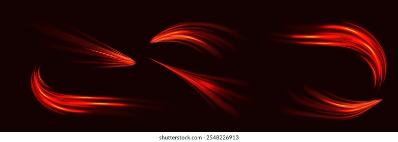 Set of neon red light speed lines.Wind light effect.Light trails, motion blur effect.Vector.