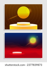 Set of neon red yellow 3d object cylinder pedestal podium display with gradient color minimal scene