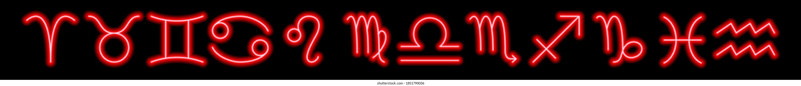 Set of neon red zodiac signs. Predictions, astrology, horoscope.