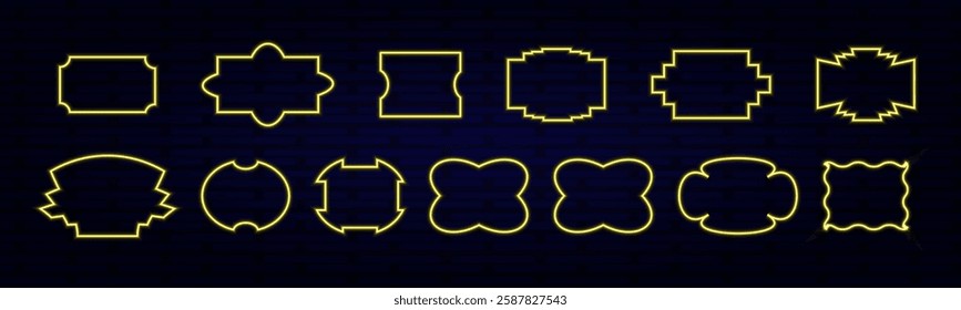 Set of neon retro vintage frames on a brick dark blue wall background.