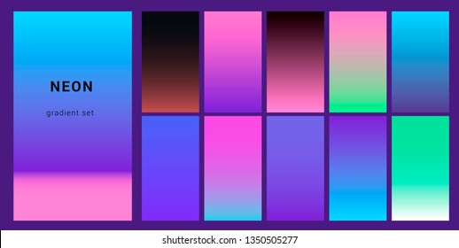 Set of neon retrowave/ vaporwave gradient swatched for design. UI gradient kit, fancy modern trendy palette.