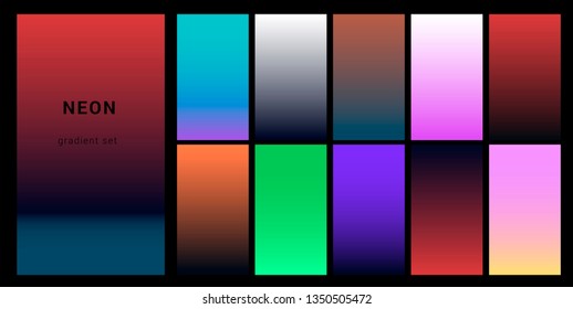 Set of neon retrowave/ vaporwave gradient swatched for design. UI gradient kit, fancy modern trendy palette.