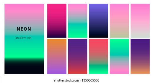 Set of neon retrowave/ vaporwave gradient swatched for design. UI gradient kit, fancy modern trendy palette.