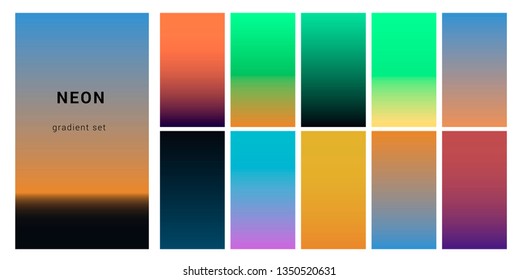 Set of neon retrowave/ vaporwave gradient swatched for design. UI gradient kit, fancy modern trendy palette.