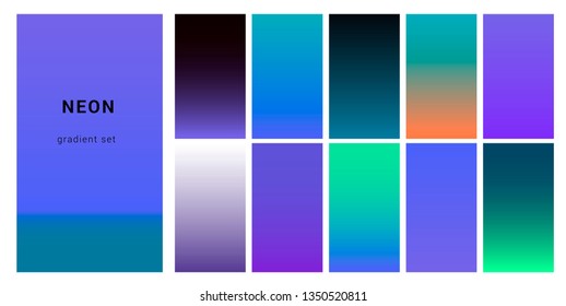 Set of neon retrowave/ vaporwave gradient swatched for design. UI gradient kit, fancy modern trendy palette.