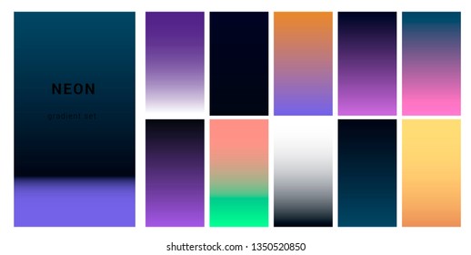 Set of neon retrowave/ vaporwave gradient swatched for design. UI gradient kit, fancy modern trendy palette.