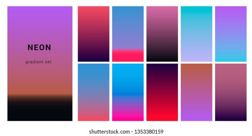 Set of neon retrowave/ vaporwave gradient swatched for design. UI gradient kit, fancy modern trendy palette.