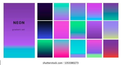 Set of neon retrowave/ vaporwave gradient swatched for design. UI gradient kit, fancy modern trendy palette.