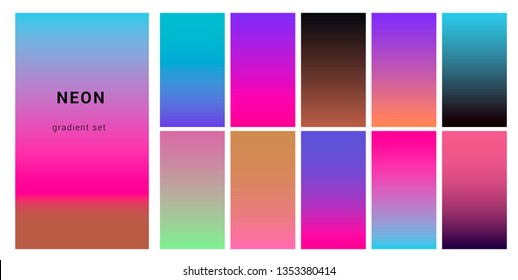 Set of neon retrowave/ vaporwave gradient swatched for design. UI gradient kit, fancy modern trendy palette.