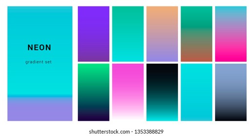 Set of neon retrowave/ vaporwave gradient swatched for design. UI gradient kit, fancy modern trendy palette.