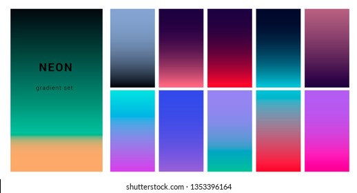 Set of neon retrowave/ vaporwave gradient swatched for design. UI gradient kit, fancy modern trendy palette.