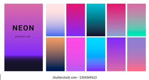 Set of neon retrowave/ vaporwave gradient swatched for design. UI gradient kit, fancy modern trendy palette.