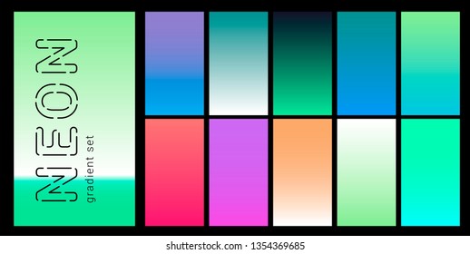 Set of neon retrowave/ vaporwave gradient swatched for design. UI gradient kit, fancy modern trendy palette.