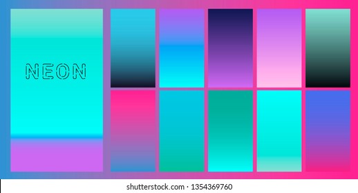 Set of neon retrowave/ vaporwave gradient swatched for design. UI gradient kit, fancy modern trendy palette.