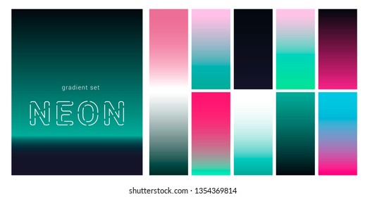 Set of neon retrowave/ vaporwave gradient swatched for design. UI gradient kit, fancy modern trendy palette.