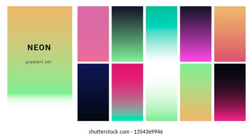 Set of neon retrowave/ vaporwave gradient swatched for design. UI gradient kit, fancy modern trendy palette.