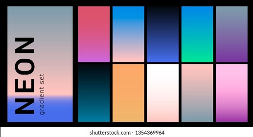 Set of neon retrowave/ vaporwave gradient swatched for design. UI gradient kit, fancy modern trendy palette.