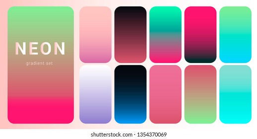 Set of neon retrowave/ vaporwave gradient swatched for design. UI gradient kit, fancy modern trendy palette.