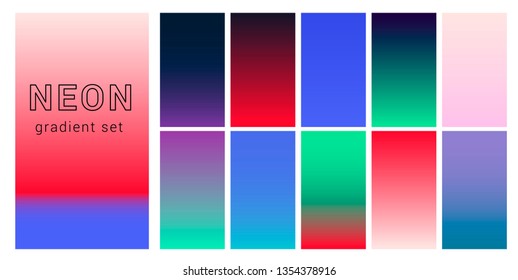 Set of neon retrowave/ vaporwave gradient swatched for design. UI gradient kit, fancy modern trendy palette.