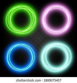 Set of neon rings for design. Abstract shiny light circles. Colorful neon circle glowing frames. Vector illustration