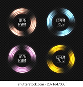 Set aus Neonringen verschiedener Farben. Belichtungseffekt-Lichtringe. Abstrakte, leuchtende Kreise. Fesselndes, goldenes Rahmen-Design. Luxuriöses, dekoratives Rundbanner.