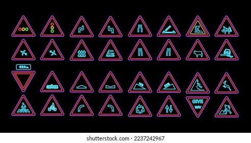 set of neon road signs triangular shape red neon glow, bright signboard, light banner. Vector illustration