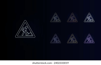 Un conjunto de señales de trabajo de neón en carretera. Conjunto de símbolos de color diferentes, brillo de neón débil. Ilustración del vector sobre fondo negro