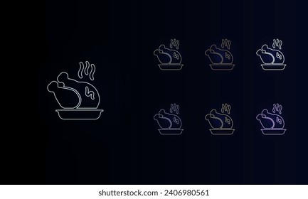 A set of neon roasted turkeys. Set of different color symbols, faint neon glow. Vector illustration on black background