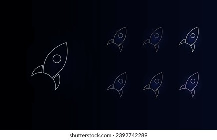 A set of neon rocket symbols. Set of different color symbols, faint neon glow. Vector illustration on black background