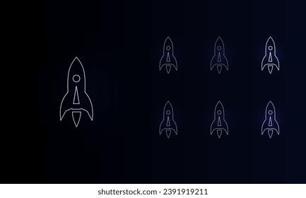 A set of neon rockets. Set of different color symbols, faint neon glow. Vector illustration on black background
