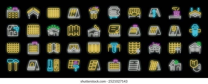 Set of neon roof worker icons glowing signs for house repair service