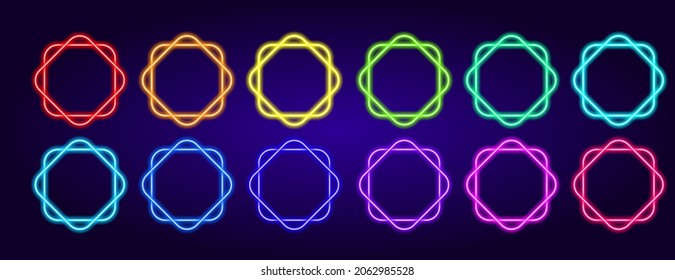 a set of neon round multicolored signs. Neon collection of round intersecting round floral ornaments, glows in the dark with different bright colors for a design template