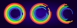 A Set Of Neon Round Rainbow Circles. Neon Collection Of Round Abstract Ornaments, Glows In The Dark With Different Bright Contours Of Red And Blue, Green For A Design Template