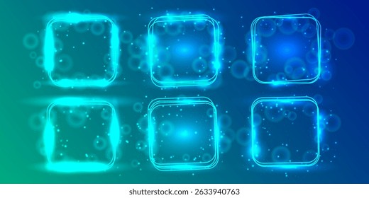 Set of neon rounded square frames with shining effects and sparkles on green background. Empty glowing techno backdrop. Vector illustration