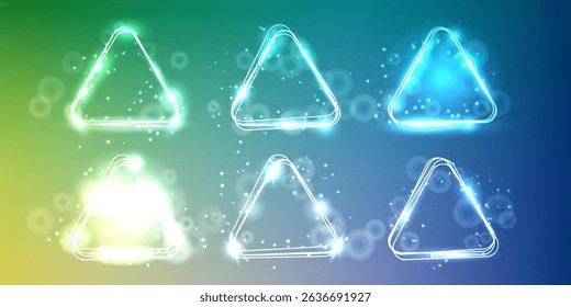 Set of neon rounded triangle frames with shining effects and sparkles on green background. Empty glowing techno backdrop. Vector illustration