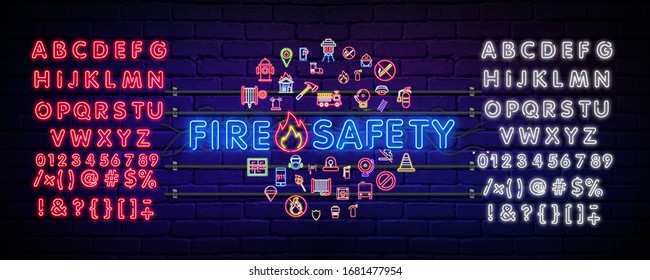 Conjunto de signos de seguridad de neón. Iconos de neón para combatir incendios. Conjunto de signos de extinción de incendios. Colección de signos de advertencia. Ilustración vectorial. iconos de peligro. Señales de alerta. Iconos de fuego.