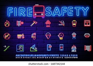 Set of neon safety signs. Firefighting neon icons. Set of firefighting signs. Collection of warning signs. Vector illustration. icons of danger. Signs of alerts. Fire icons.