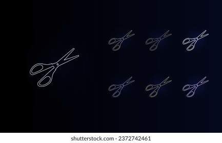 Un conjunto de símbolos de tijeras de neón. Conjunto de símbolos de color diferentes, brillo de neón débil. Ilustración del vector sobre fondo negro