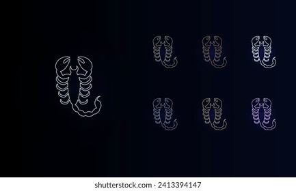 A set of neon scorpio symbols. Set of different color symbols, faint neon glow. Vector illustration on black background