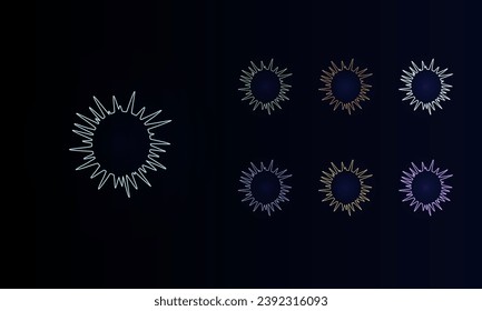 A set of neon sea urchin symbols. Set of different color symbols, faint neon glow. Vector illustration on black background